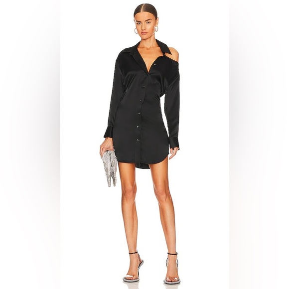 Alexander Wang 100% Silk Black Shirt Dress with Cutout Shoulder- Size 2 - Picture 1 of 12